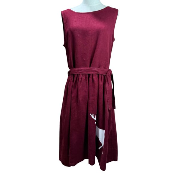 Palava Maroon Red Linen Dress with White Deer Print  |SZ: M | Sleeveless - Picture 1 of 14